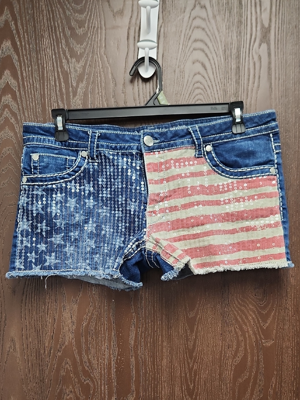 Knox Rose Blue & Red Flag Denim Jean Shorts